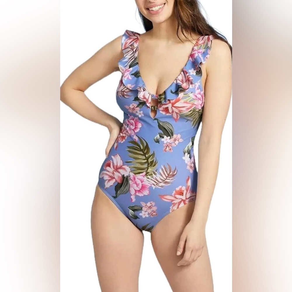 Kona Sol over the shoulder ruffle one piece swimsuit size M